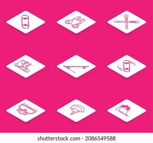 Set line Skateboard trick, Parachute, Crossed paddle, Boots, Diving mask and Bicycle helmet icon. Vector