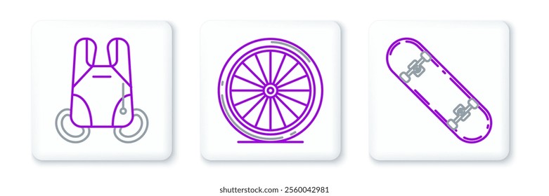 Set line Skateboard trick, Parachute and Bicycle wheel icon. Vector