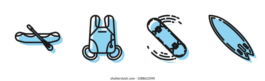 Set line Skateboard trick, Rafting boat, Parachute and Surfboard icon. Vector