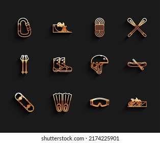 Set line Skateboard trick, Rubber flippers for swimming, Carabiner, Ski goggles, Bicycle on street ramp, Boots, Rafting boat and Helmet icon. Vector