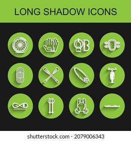 Set line Skateboard trick, Ski poles, Bicycle wheel, Parachute, Snowboard, Crossed paddle,  and Surfboard icon. Vector