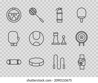 Fijar el truco de Skateboard de línea, Smart watch mostrando la velocidad de latido del corazón, Aqualung, Pato de hockey, Volante de dirección, Balón de tenis, cuerda de salto e icono del deporte Target. Vector