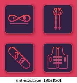 Set line Skateboard trick, Snowboard, Ski poles and Life jacket. Blue square button. Vector