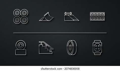 Set line Skateboard wheel, ball bearing, stairs with rail, park, Knee pads and  icon. Vector