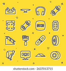 Set line Skateboard wheel, ball bearing, Knee pads, Headphones, park and  icon. Vector