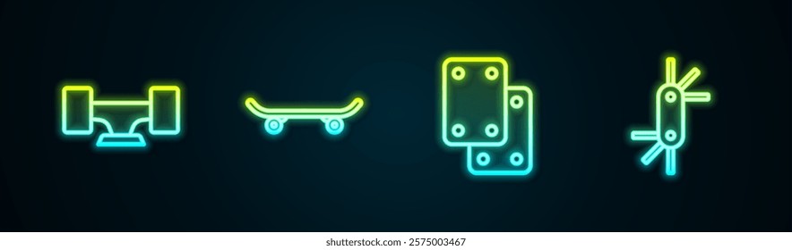 Set line Skateboard wheel, , Knee pads and Tool allen keys. Glowing neon icon. Vector