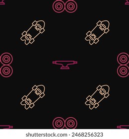 Set line Skateboard wheel, Longboard or skateboard and  on seamless pattern. Vector