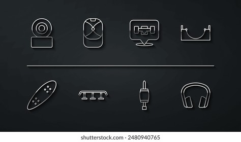 Set line Skateboard wheel, Longboard or skateboard, park, Screwdriver, stairs with rail, Baseball cap, Headphones and  icon. Vector