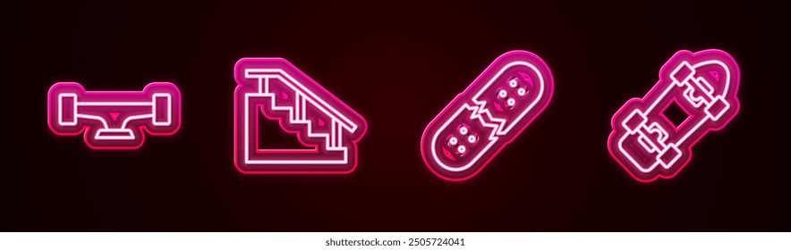 Set line Skateboard wheel, stairs with rail, Broken skateboard deck and . Glowing neon icon. Vector