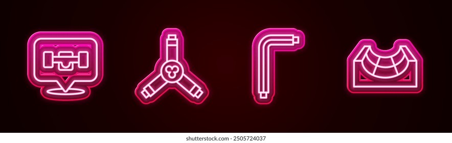 Set line Skateboard wheel, Y-tool, Tool allen keys and park. Glowing neon icon. Vector