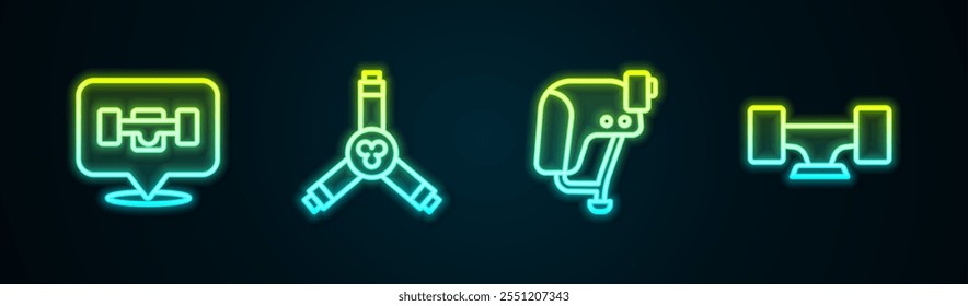 Set line Skateboard wheel, Y-tool, helmet and . Glowing neon icon. Vector