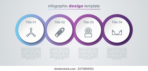 Set line Skateboard Y-tool, deck, wheel and park. Business infographic template. Vector