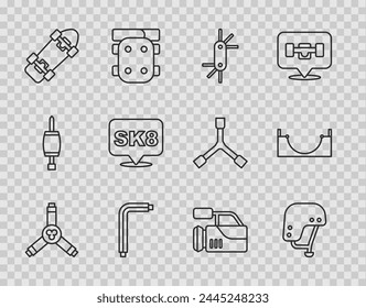 Set line Skateboard Y-Tool, Helm, Tool Allen Tasten, Kinokamera und Park-Icon. Vektorgrafik