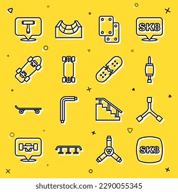 Set line Skateboard, Y-tool, Screwdriver, Knee pads, Longboard or skateboard, T and Broken deck icon. Vector