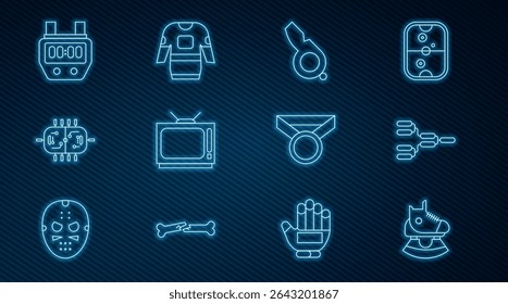 Set line Skates, Championship tournament bracket, Whistle, Retro tv, Hockey table, Stopwatch, Medal and jersey icon. Vector
