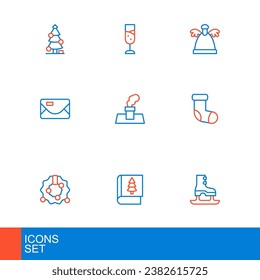 Set line Skates, Christmas book, wreath, stocking, Envelope, chimney, Angel and Glass of champagne icon. Vector