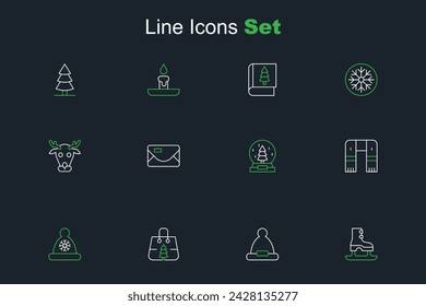 Set line Skates, Christmas Santa Claus hat, shopping bag, Winter scarf, snow globe, Envelope and Reindeer icon. Vector
