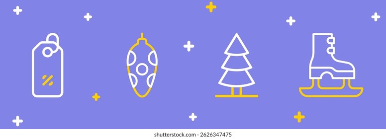 Set line Skates, Christmas tree, toy and Discount percent tag icon. Vector