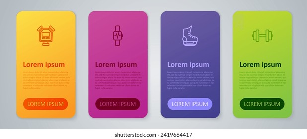 Set line Skates, Dumbbell, Stopwatch and Smart with heart. Business infographic template. Vector