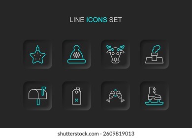 Set line Skates, Glass of champagne, Discount percent tag, Mail box, Christmas chimney, Reindeer, Santa Claus hat and star icon. Vector