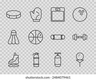 Set line Skates, Golf ball on tee, Bathroom scales, Aqualung, Hockey puck, Basketball, Punching bag and Dumbbell icon. Vector