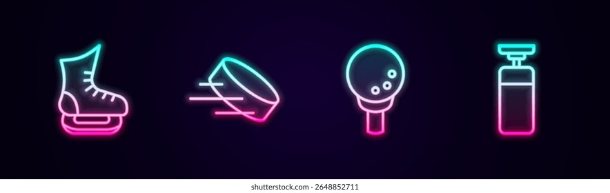 Set line Skates, Hockey puck, Golf ball on tee and Punching bag. Glowing neon icon. Vector