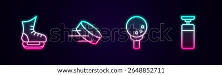 Set line Skates, Hockey puck, Golf ball on tee and Punching bag. Glowing neon icon. Vector