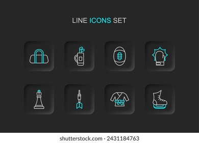 Set line Skates, Kimono, Dart arrow, Chess, Punch in boxing gloves, American Football ball, Golf bag with clubs and Sport icon. Vector