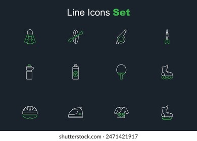 Set line Skates, Kimono, Racing helmet, Bicycle, Roller skate, Racket, Fitness shaker and  icon. Vector