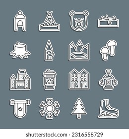 Set line Skates, Maple syrup, Mushroom, Bear head, Wooden log, Tree stump, Winter hat and Canadian lake icon. Vector