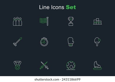 Set line Skates, Soccer football ball, Fencing, Medal, Racket, Boxing glove, Stopwatch and Medieval arrows icon. Vector