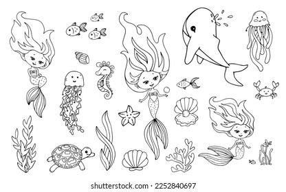 A set of line sketches, coloring pages of a mermaid and sea animals. Cute children's doodles. Vector graphics.