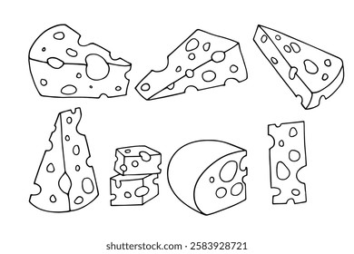 Set of line sketches, coloring pages of different cheese pieces. Vector graphics.