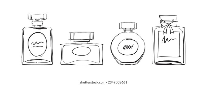 Set of line sketches of different bottles for perfume and cologne. Hand drawing isolated on white background. Eau de toilette packaging collection.