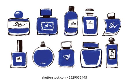Conjunto de esboços de linha de frascos diferentes para perfume e colônia. Ilustração do vetor do desenho de FragranceHand isolada no fundo branco