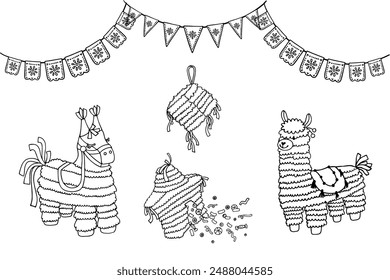 Conjunto de bocetos de líneas, garabatos de piñata y banderas navideñas mexicanas.Vector gráfico.