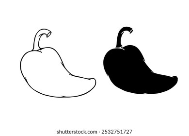 Set of line sketches, silhouettes, stamps of sweet pepper fruits. Vector graphics.