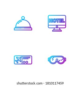 Set line Ski goggles, Airline ticket, Hotel service bell and Online hotel booking. Gradient color icons. Vector