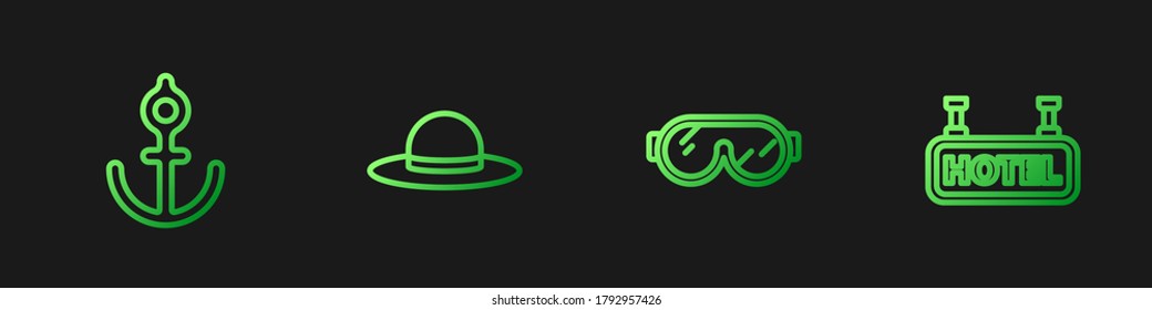 Set line Ski goggles, Anchor, Elegant women hat and Signboard with text Hotel. Gradient color icons. Vector