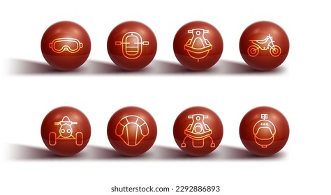 Set line Ski goggles, ATV motorcycle, Mountain bike, Snowmobile, Parachute, Rafting boat, Helmet and action camera and Jet ski icon. Vector