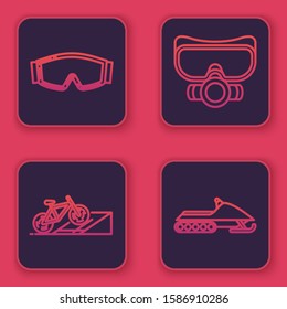 Set line Ski goggles, Bicycle on street ramp, Diving mask and Snowmobile. Blue square button. Vector