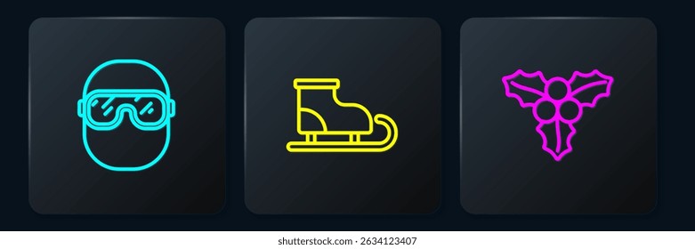 Set line Ski goggles, Branch viburnum and Figure skates. Black square button. Vector