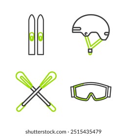 Set line Ski goggles, Crossed paddle, Helmet and and sticks icon. Vector