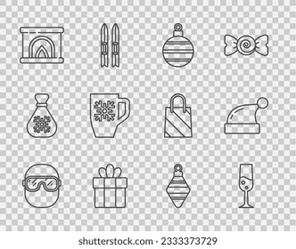 Ponga en línea gafas de esquí, vidrio de champán, bola de Navidad, caja de regalo, chimenea interior, copa de café con copo de nieve, y icono del sombrero de Santa Claus. Vector