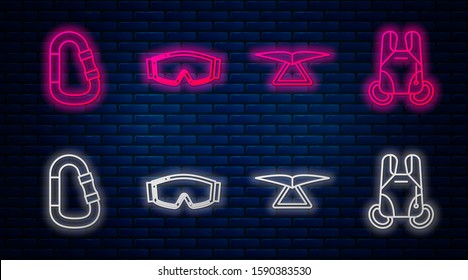 Set line Ski goggles, Hang glider, Carabiner and Parachute. Glowing neon icon on brick wall. Vector