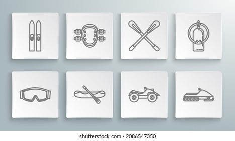 Set line Ski goggles, Knee pads, Rafting boat, All Terrain Vehicle or ATV motorcycle, Snowmobile, Crossed paddle, Aqualung and and sticks icon. Vector