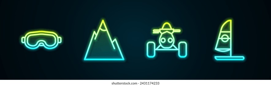 Set line Ski goggles, Mountains, ATV motorcycle and Windsurfing. Glowing neon icon. Vector