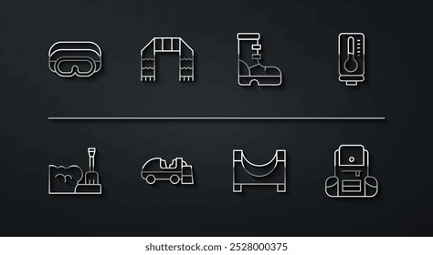 Set line Ski goggles, Shovel in snowdrift, Meteorology thermometer, Skate park, Ice resurfacer, Winter scarf, Hiking backpack and Waterproof rubber boot icon. Vector