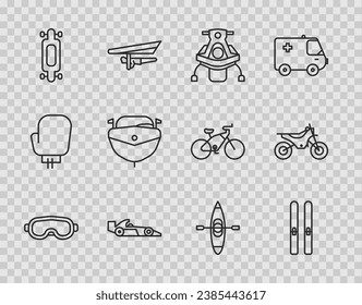 Set line Ski goggles, and sticks, Snowmobile, Formula 1 racing car, Longboard skateboard, Speedboat, Kayak canoe and Mountain bike icon. Vector