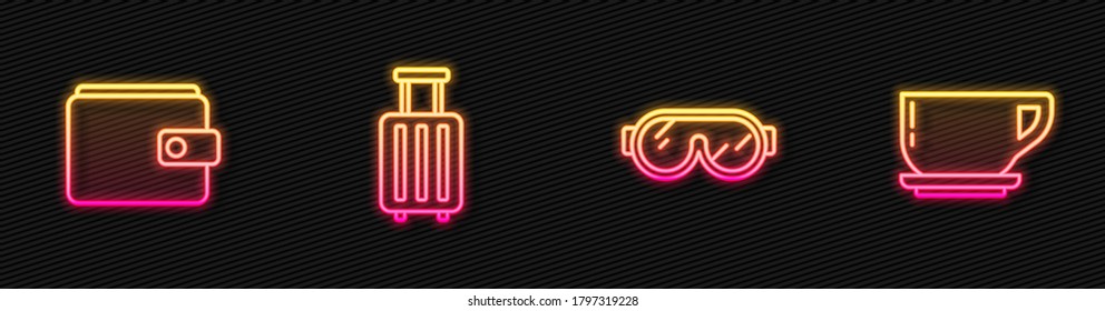 Indique las gafas de esquí de línea, la cartera, la maleta y la taza de café. Icono de neón brillante. Vector